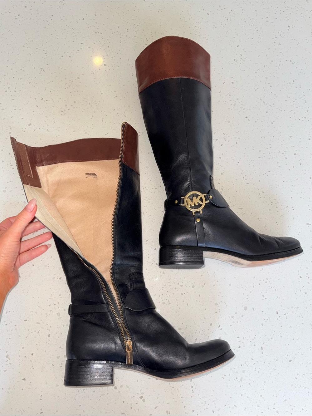Michael Kors Black Leather Riding Boots with Brown Cuff - Picture 11 of 14